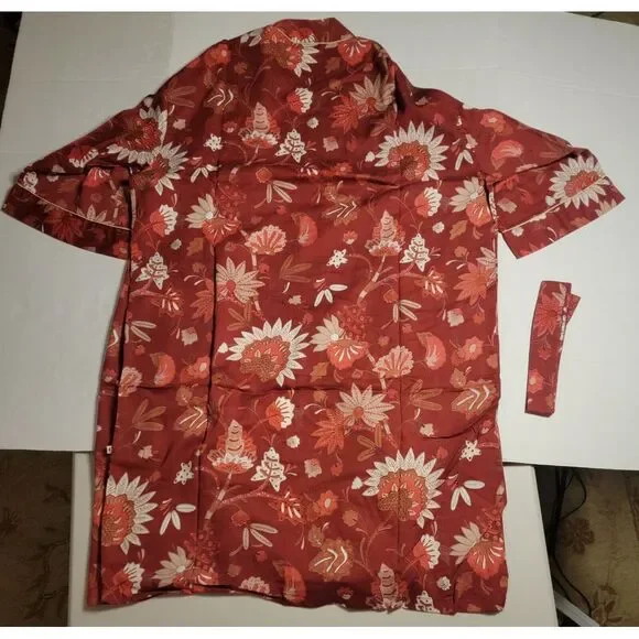 Handprint Red Floral Short Sleeve Tie Up Robe 100%‎ Cotton Bath Robe - Picture 5 of 9